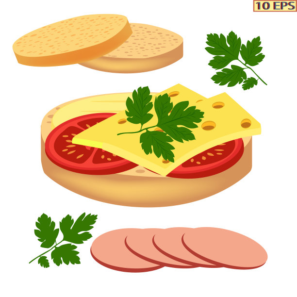 三明治配黄油，香肠，奶酪，西红柿，欧芹。美味的香肠三明治。早餐吃新鲜的三明治。切片面包配香肠和奶酪。图片下载