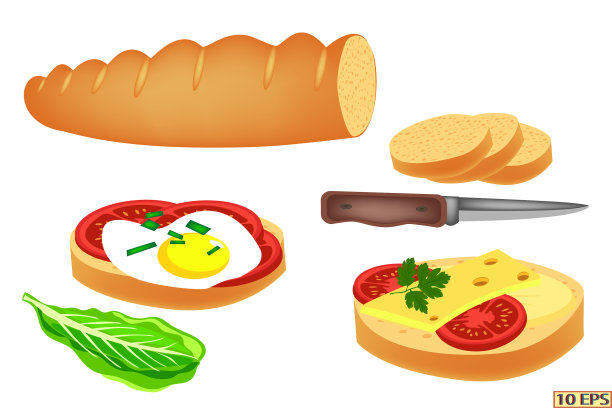 三明治加黄油、奶酪和西红柿。法棍面包。切片面包做三明治。矢量插图孤立在白色背景。图片下载