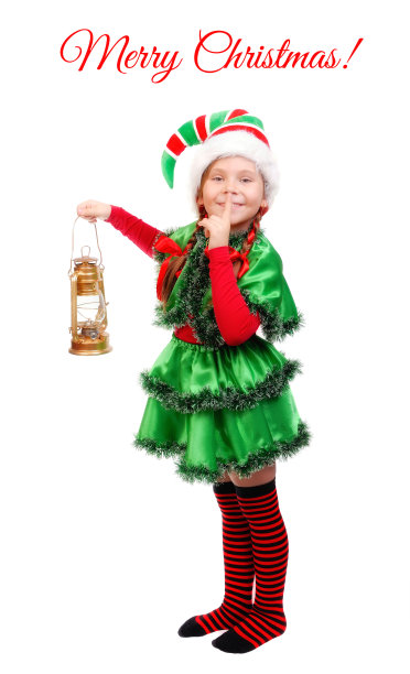 女孩圣诞小精灵与油灯在白色图片下载