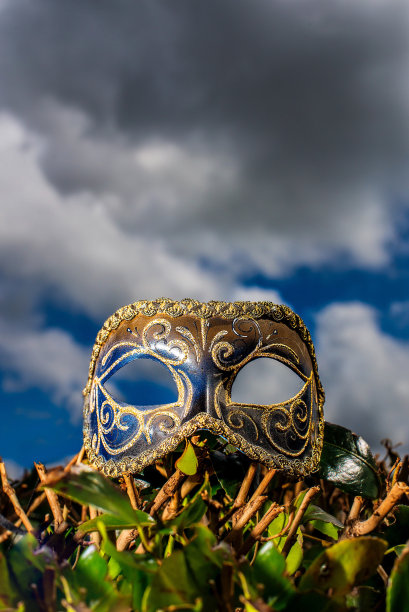 化装面具或面具与戏剧性的天空和树叶。图片下载