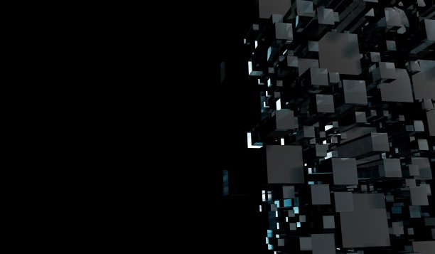 蓝色玻璃不同大小的立方体在黑色的背景图片下载