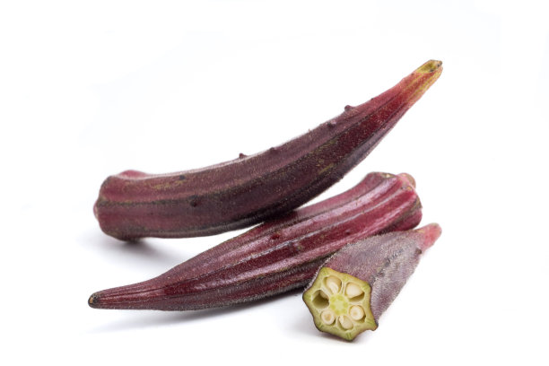 鲜红的秋葵在白色的背景上。素材图片