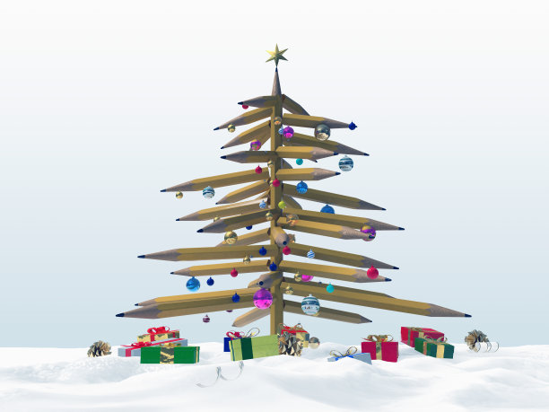 3D插图的圣诞树由雪铅笔，许多装饰品和礼物盒。图片下载