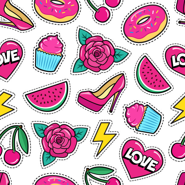 可爱的无缝图案与彩色补丁。玫瑰、樱桃、心形、西瓜、甜甜圈、纸杯蛋糕、草莓等白色背景贴纸。图片下载