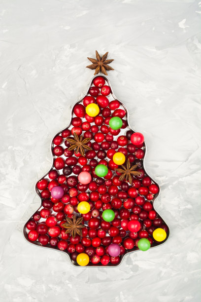 在灰色背景上点缀着蔓越莓、八角和彩色糖果的圣诞树图片下载