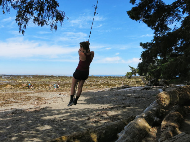 女孩在绳上荡秋千，华盛顿海岸海滩低潮图片下载
