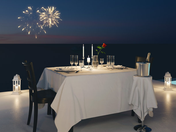 泳池别墅的3d渲染与香槟。新年前夕图片下载