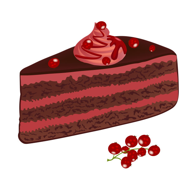 巧克力蛋糕配红醋栗。切下来的那份带浆果奶油的巧克力蛋糕。白色背景上孤立的一块巧克力蛋糕。向量。素材图片