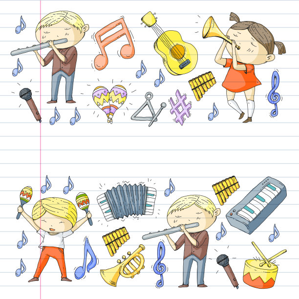 Vector音乐学校音乐剧场幼儿园儿童与乐器鼓，长笛，手风琴，小号，钢琴音乐表演和学龄儿童儿童管弦乐队图片下载