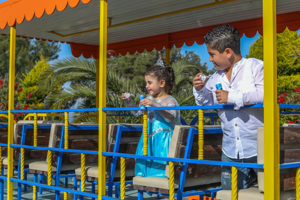 快乐的妹妹和弟弟玩泡泡图片下载