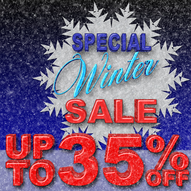库存插图-模板文本:特别冬季销售，高达35%的折扣，下雪背景，3D插图，下雪梯度蓝色背景。图片下载