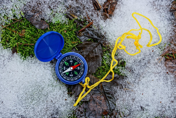 蓝色指南针躺在森林里的青苔和雪上图片下载