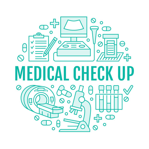 体检海报模板。矢量平线图标，医疗中心，医疗设备，核磁共振，超声，血液测试，显微镜。医疗保健，诊断诊所横幅图片下载