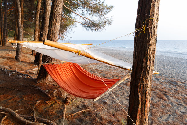 舒适的吊床悬挂在黑海海滩的松树之间，防止阳光直射图片下载