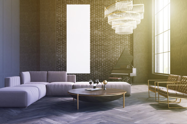 灰色的客厅，沙发和桌子，海报色调图片下载