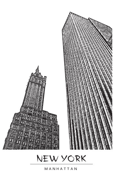 纽约市，曼哈顿市中心。有两座摩天大楼的城市景观。矢量插图在雕刻风格。在白色背景上孤立的黑色绘图。图片下载