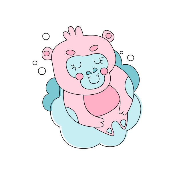 平线艺术插图，粉红色的猴子坐在或睡在蓝色蓬松的云。可爱的矢量打印贺卡，贴纸，印刷或儿童书籍图片下载