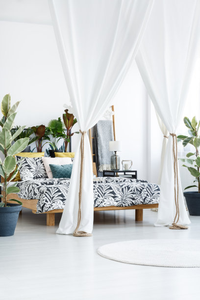 明亮的卧室里有白色窗帘图片下载