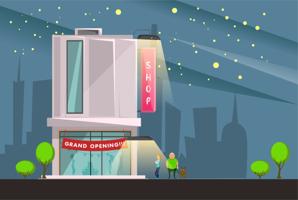 时尚精品建筑与盛大的开幕符号卡通矢量插图图片下载