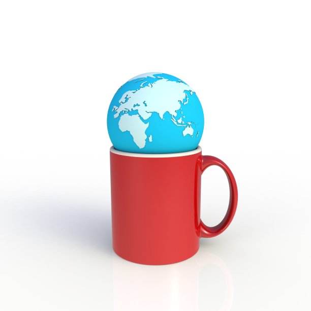 地球与红色的咖啡杯孤立在白色的背景。模拟模板的应用程序设计。展览设备。设置标识放置的模板。3 d渲染。图片下载