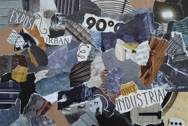 拼贴情绪板与工业概念冰蓝色，灰色，黑色和灰色，蓝色与金属和铁元素图片下载