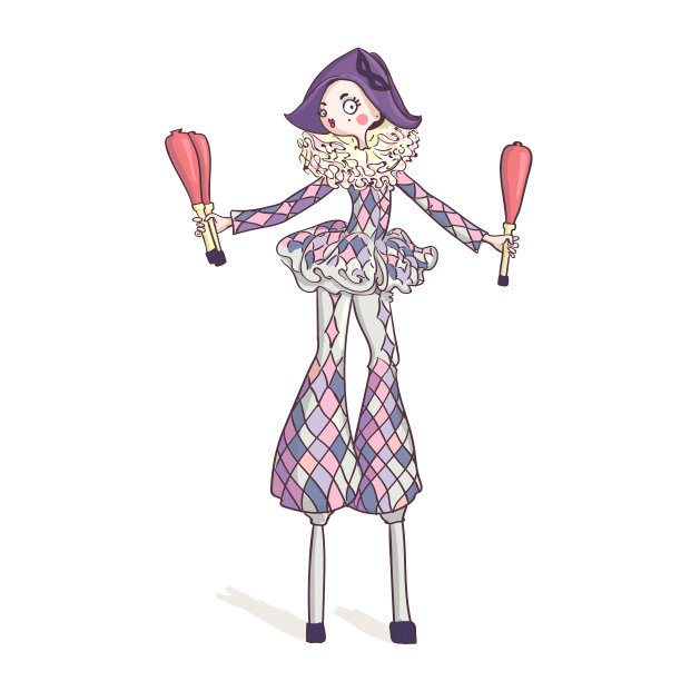 马戏团小丑在高跷上耍杂耍图片下载