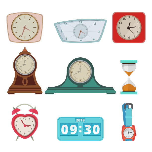 一套不同的时钟和手表隔离在白色图片下载