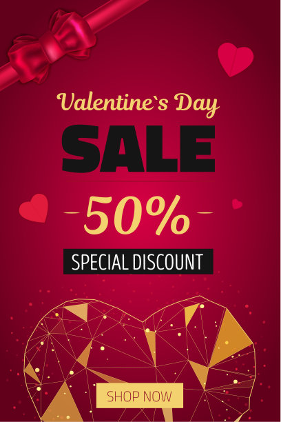 情人节大甩卖设计模板与红色蝴蝶结和金色的心。用于推广的横幅模板图片下载