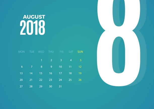 墙上2018年8月日历。向量模板图片下载