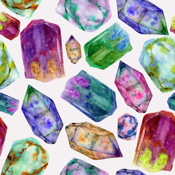 水彩无缝图案宝石宝石亮丽。手绘水晶饰品孤立在灰色背景。设计或印刷图片下载