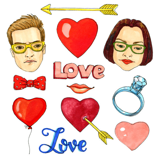 一组情人节图标与爱心贴纸图片下载