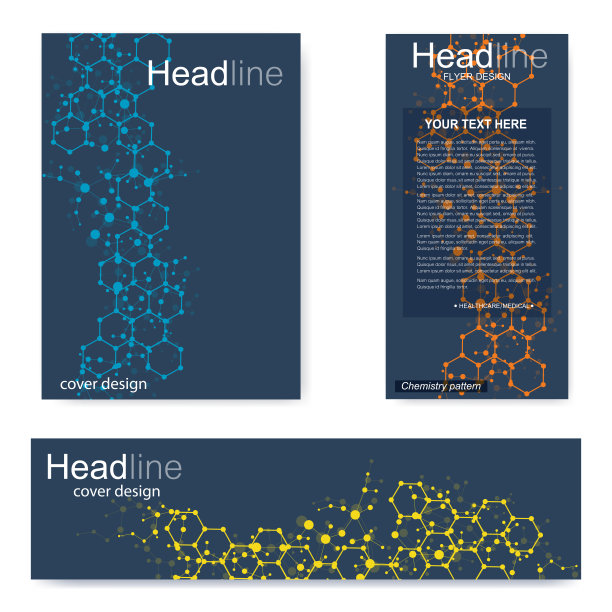 设置传单，宣传册大小A4模板，横幅。分子结构，有连接的线和点。科学图案原子DNA与元素为杂志，传单，封面，海报设计图片下载