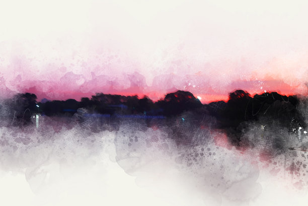 抽象的阳光、日出、阳光和树木景观以水彩画为背景。图片下载