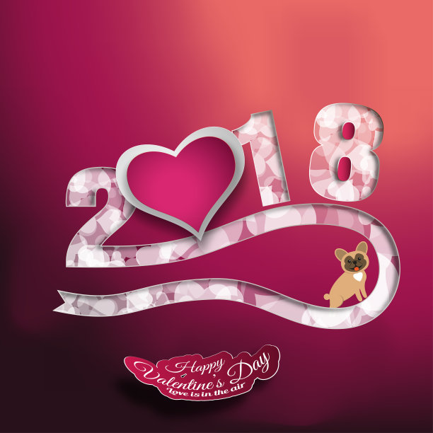 矢量纸艺术的情人节剪纸数字，心形标签，贴纸与阴影，黄色的狗在梯度红色的背景。图片下载