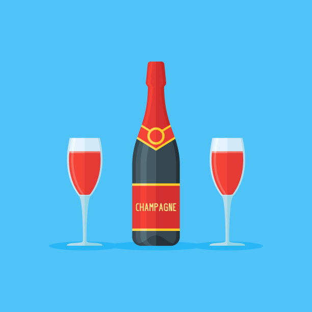 一瓶和两杯红色香槟。平面风格矢量插图。图片下载
