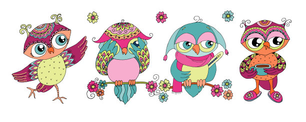 四只可爱的彩色卡通猫头鹰图片下载