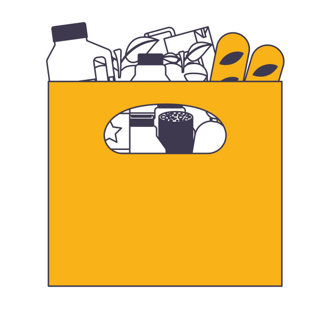 有把手的大纸袋和食物香肠和面包，苹果和饮料，橙汁和水瓶和乳汁在彩色截面剪影图片下载