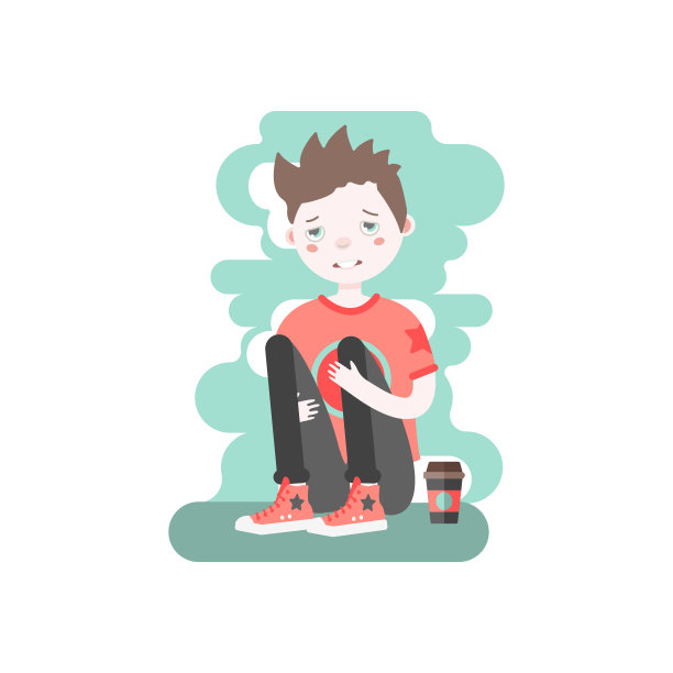 心烦意乱的白种人棕色头发男孩与纸杯咖啡坐和拥抱他的膝盖。图片下载