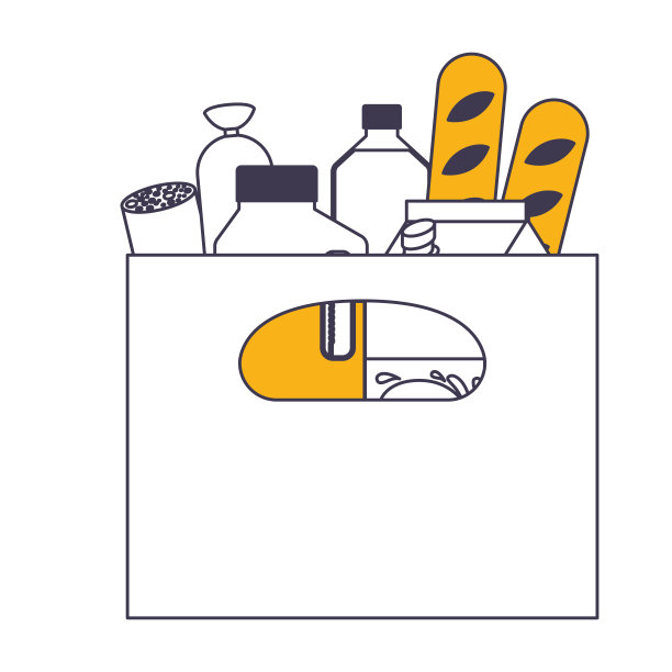 方形纸袋与处理和食物香肠面包和饮料果汁和水瓶和牛奶纸盒在彩色部分剪影图片下载