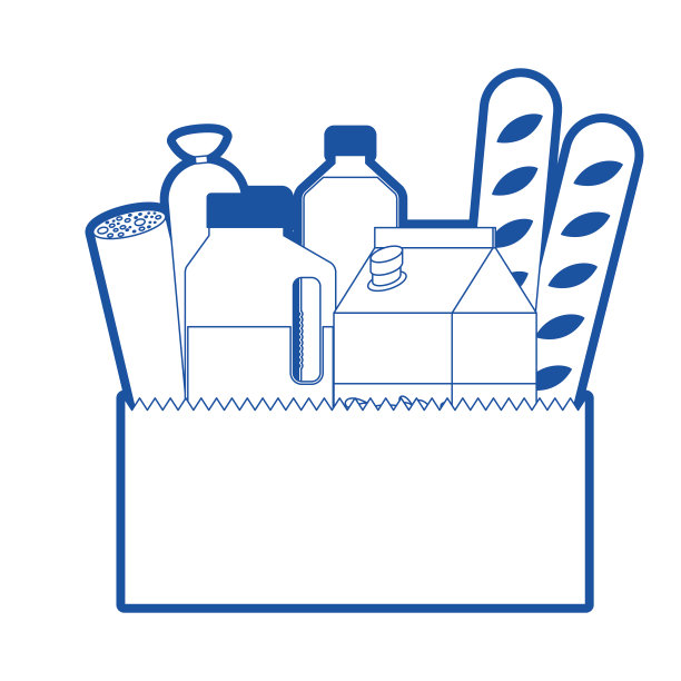 方形纸袋与食物香肠面包和饮料果汁和水瓶和牛奶纸盒在蓝色剪影图片下载