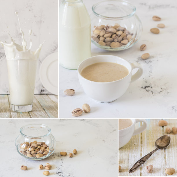 用牛奶、咖啡和开心果拼贴在明亮的背景上图片下载