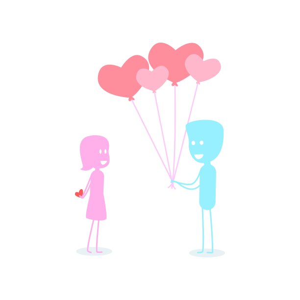 一个男孩爱上了一个女孩，男孩给了一个女孩一个气球心，情人节的爱卡，婚礼的图片，可爱的矢量，彩色插图，白色的背景图片下载