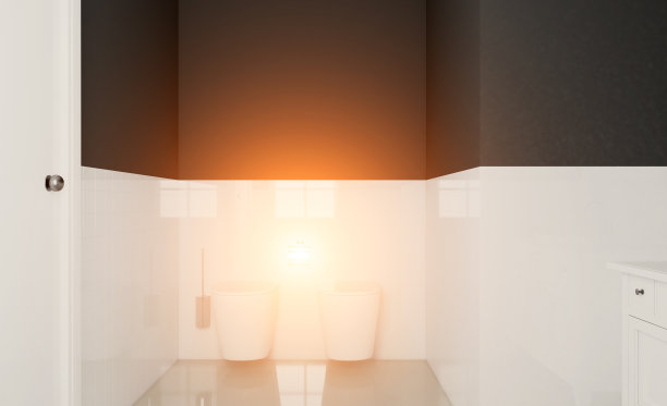 斯堪的纳维亚浴室，经典复古的室内设计。3 d渲染。日落。图片下载