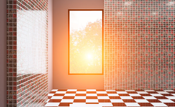 宽敞的浴室在灰色调与加热地板，独立式浴缸。3 d渲染。日落。空白的房间。图片下载