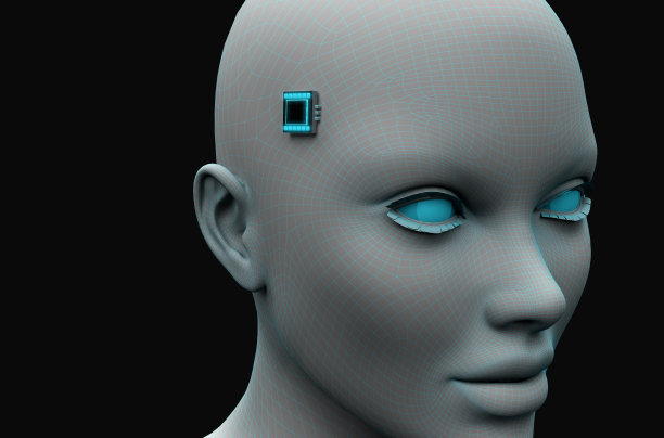 一个太阳穴上有电子芯片的女人的头图片下载