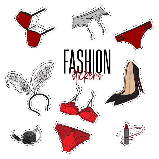 女人时髦的时尚贴纸与胸罩，内裤，内衣，香水，石榴石，口红，高跟鞋和兔子耳朵。情人节新系列。晚上游戏的东西。Lingery装饰。密友销图片下载