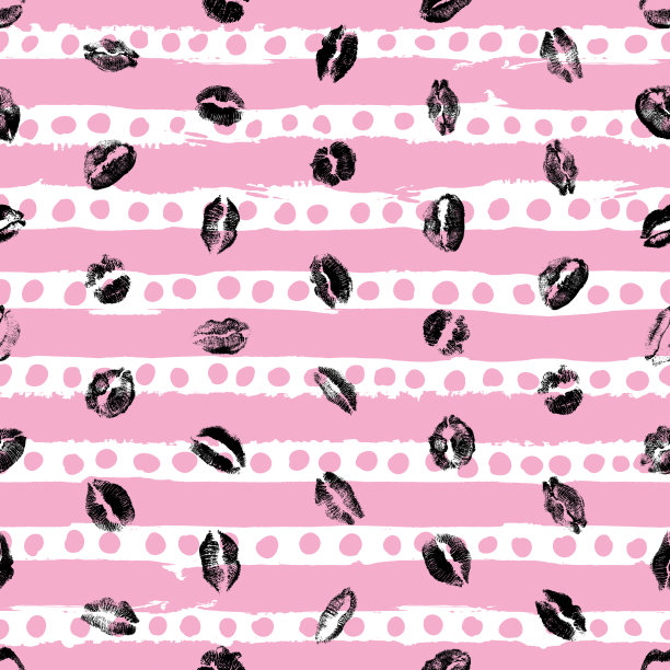 XOXO风格的吻刷grunge和口红亲吻污渍无缝弹出背景。接吻日，情人节的背景，爱情时尚。向量。图片下载