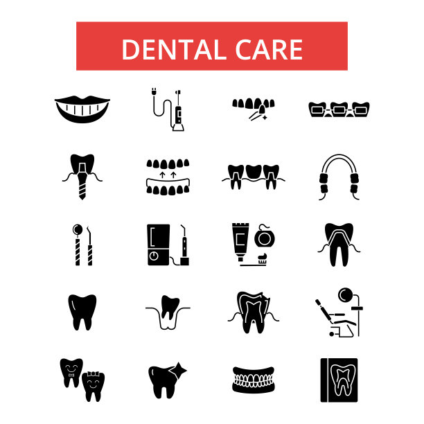 牙科保健插图，细线图标，线性平面标志，矢量符号，轮廓象形图设置，可编辑的笔画图片下载