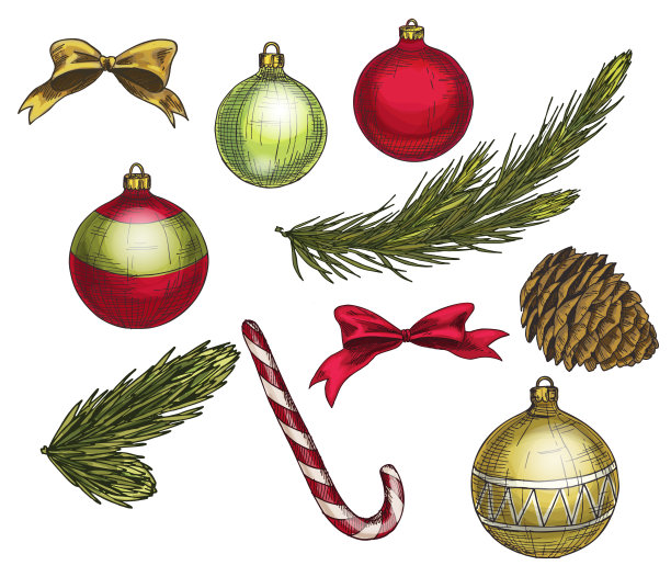 一套丰富多彩的圣诞元素和装饰。矢量插图。图片下载