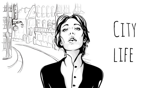 年轻的女孩在老城的街道上。矢量肖像插图素描风格。图片下载